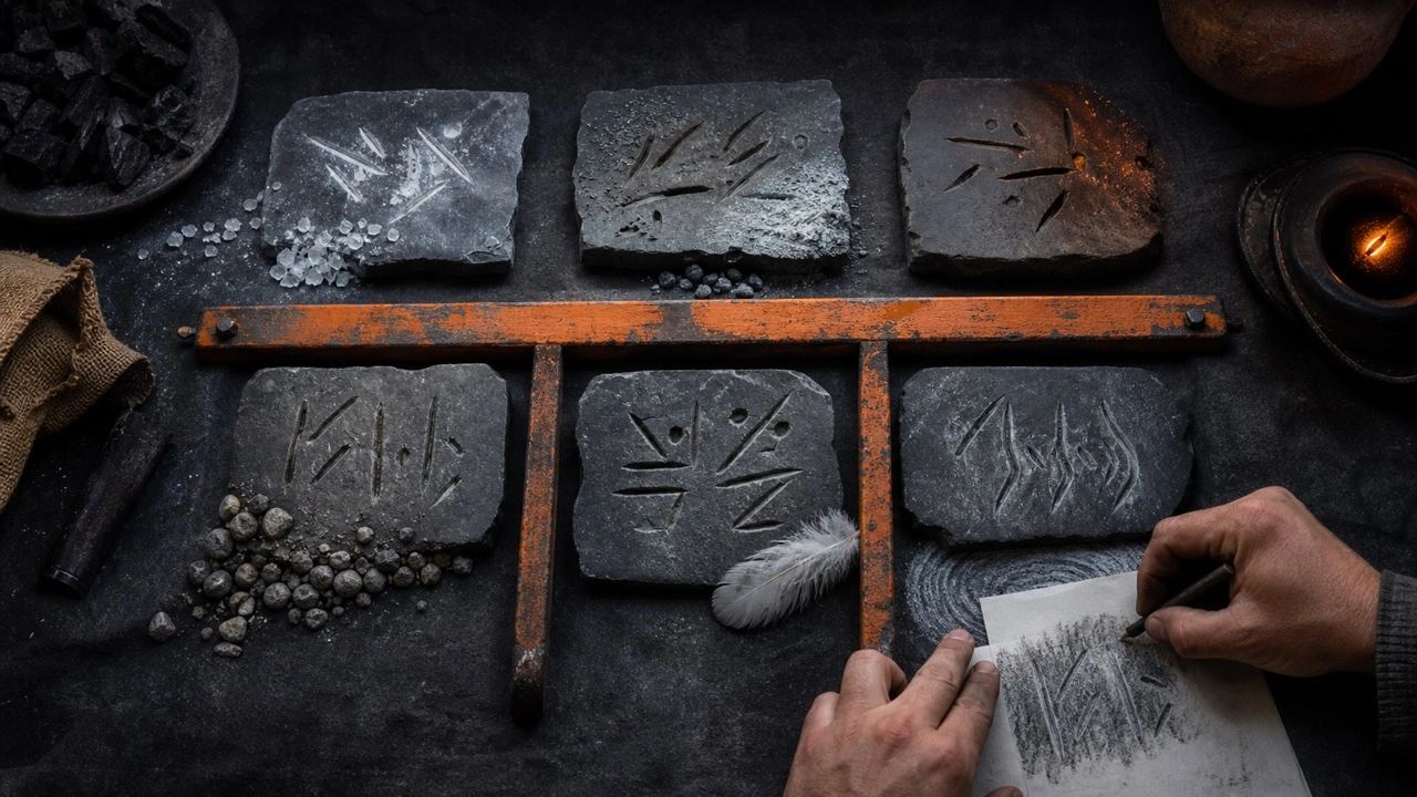 Hands studying six carved shout tablets with elemental materials and an orange archive rail