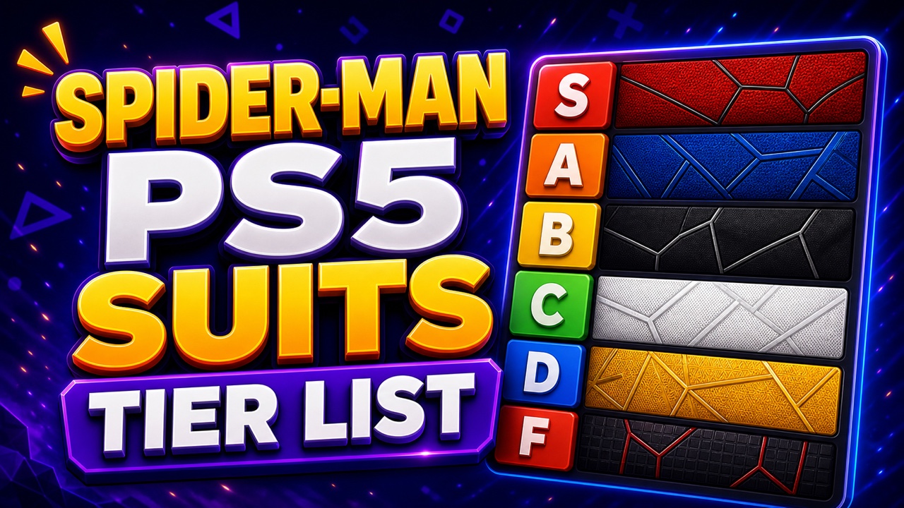 Gaming-style Spider-Man PS5 suits tier list thumbnail with abstract colored suit fabrics and glowing ranking rows