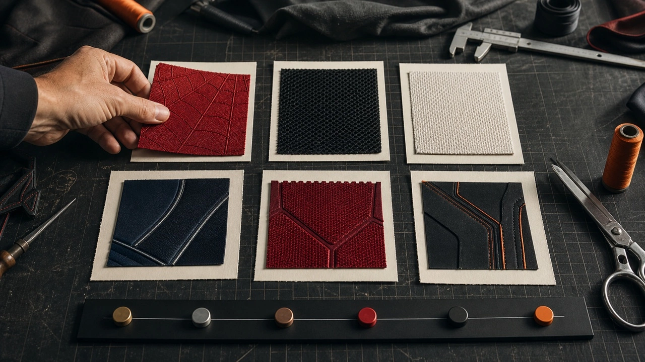 Costume designer comparing six superhero suit textiles on a charcoal cutting table