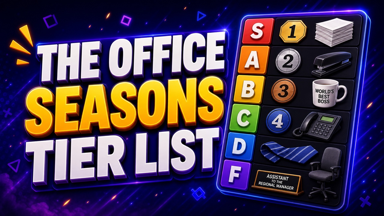 Purple sitcom thumbnail for The Office US seasons tier list with original desk, mug, paper, stapler, and numbered season icons