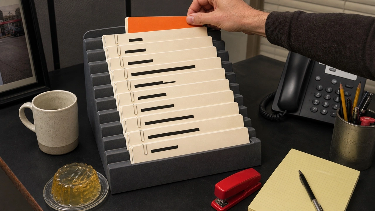 Reviewer ranking nine season folders on a lived-in office desk with an orange selection tab