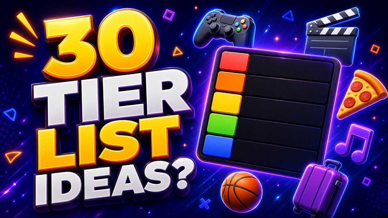 Gaming-style thumbnail with a tier board and objects from games, food, film, music, and sports