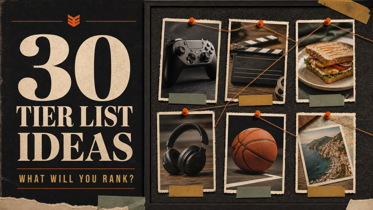 Charcoal 30 Tier List Ideas poster with six photographed topic cards connected by orange thread