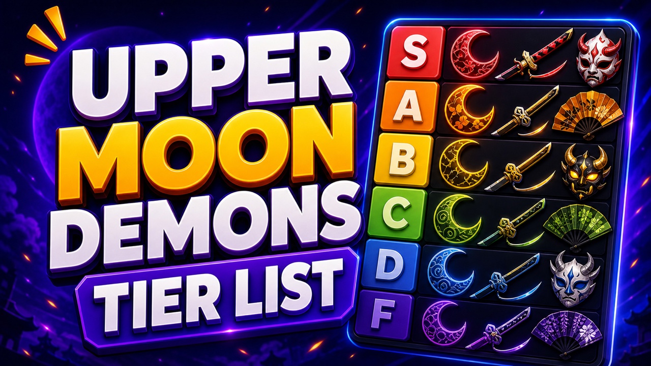 Anime-inspired Upper Moon demons tier list thumbnail with original shadow warriors and glowing colored rows