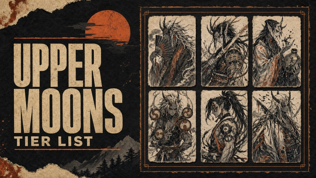 Charcoal and orange Upper Moons poster with six hand-inked supernatural warrior portraits