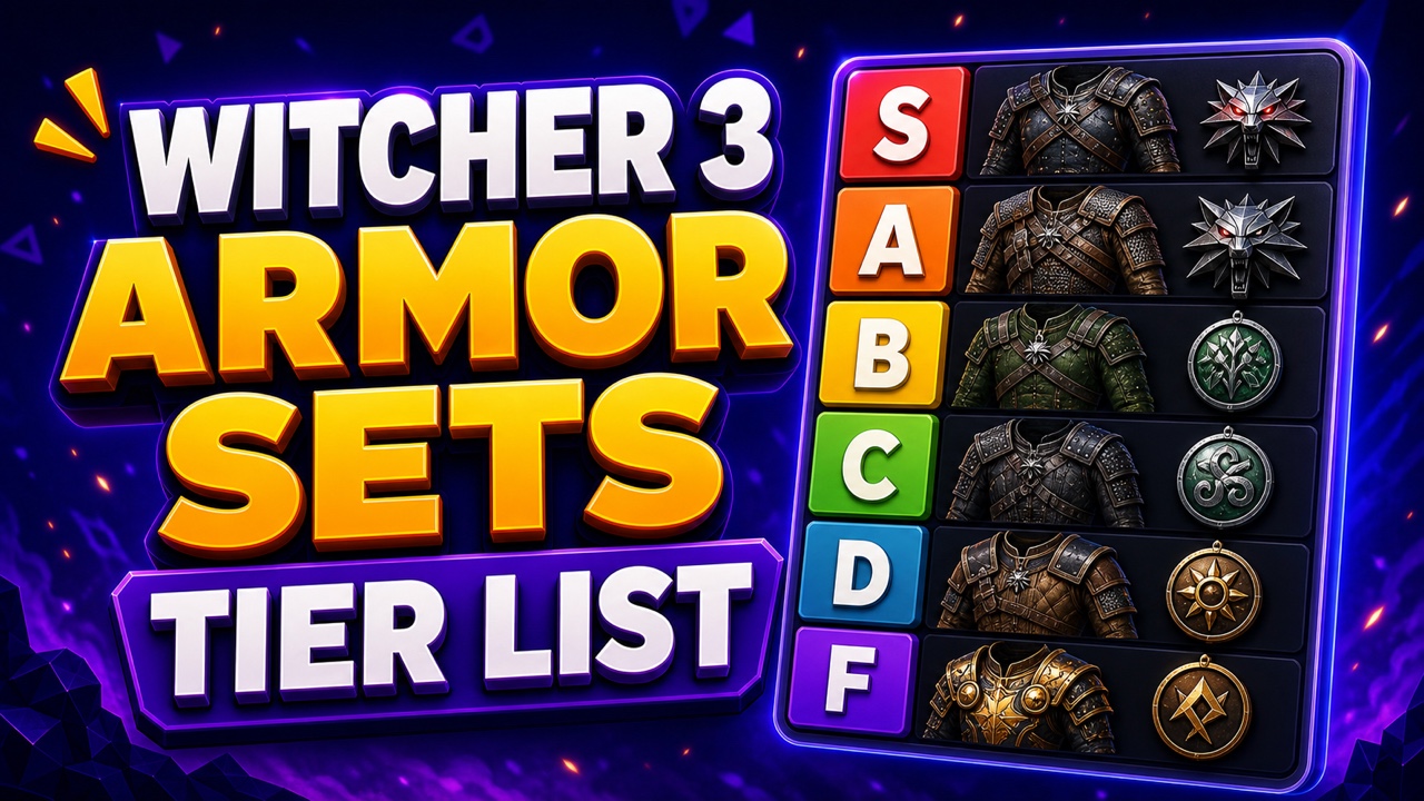 Gaming-style Witcher 3 armor sets tier list thumbnail with fantasy armor, medallions, and colorful ranking rows