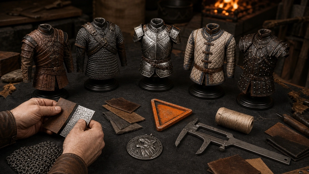 Armorer comparing material swatches beside five miniature fantasy armor sets on a charcoal worktable